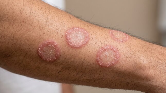 Circular ringworm tinea corporis fungal infection lesions on human forearm closeup