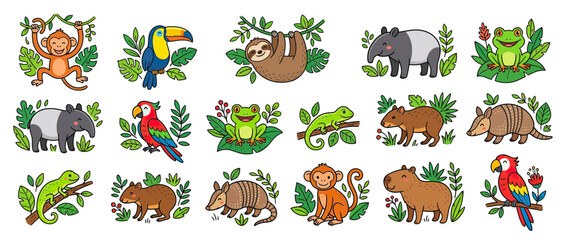 Obraz premium Cute Cartoon Rainforest Animals Collection Isolated