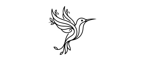 Fototapeta premium Elegant line art hummingbird with floral accents, isolated
