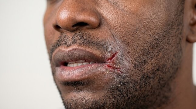 Cut wound with scab and inflammation near corner of mouth on Black male face