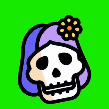 Cute Female Sugar Skull with Purple Hair and Flower, Day of the Dead Icon animation 