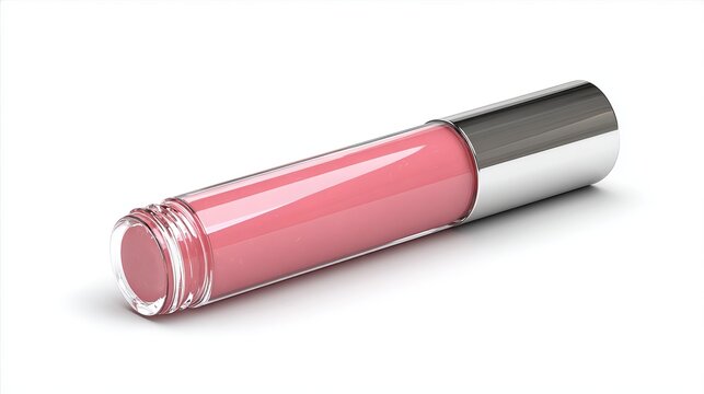 Glossy pink lip gloss tube isolated against a bright white backdrop, showcasing vibrant color and luxurious cosmetic appeal