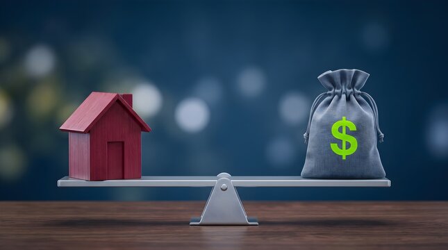 House and money bag balancing on a metal scale.