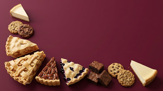 Assorted slices of fruit pies, cheesecake, chocolate brownies, and cookies arranged in a curved border on a solid dark maroon background