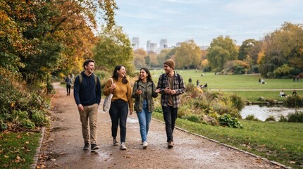 Fototapeta premium Group of young friends walking and talking together in a city park