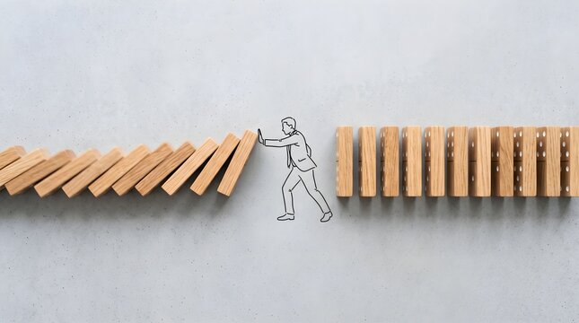 Man pushing falling dominoes to prevent chain reaction.
