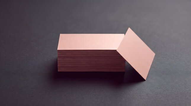 Minimalist stack of rose gold blank business cards on black.