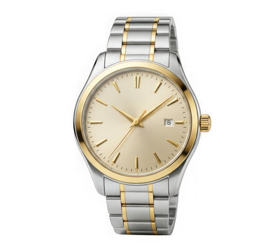 Luxury twotone silver and gold wristwatch with champagne dial isolated on transparent background