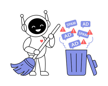 Cute robot sweeping spam and ads into trash bin