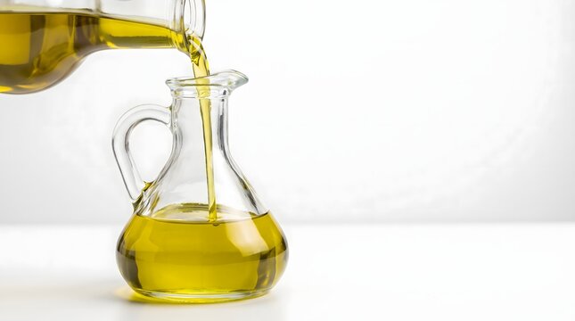 Golden extra virgin olive oil pours smoothly from a glass carafe into a clear bottle under bright studio natural lighting