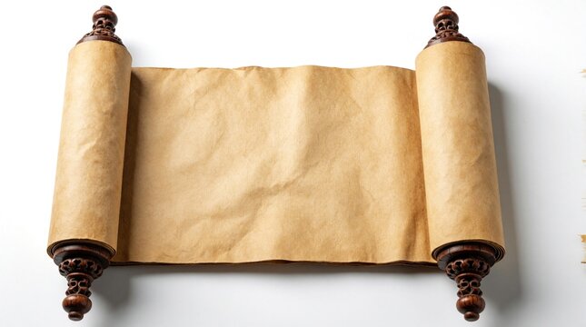 Old parchment scroll with ornate wooden rollers stands vertically on a white surface. Blank paper offers space for text, ancient document for historical or design needs.