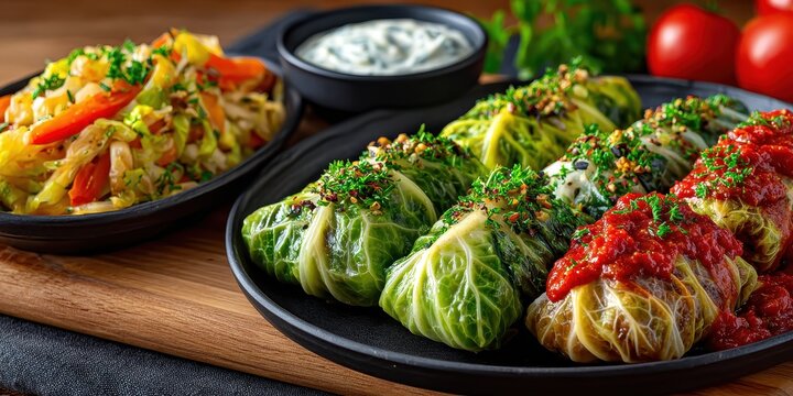 Close-up of golabki (cabbage rolls) with creamy sauce and fried cabbage. A savory, traditional dish, presented for a hearty, comforting meal