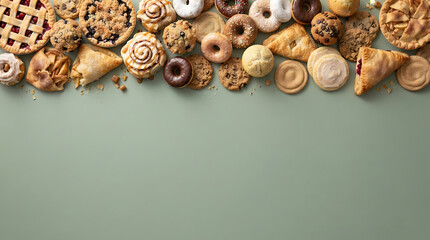 Obraz premium Assortment of baked goods, pies, cookies, cinnamon rolls, and doughnuts on a light green background