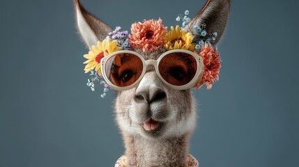 Fototapeta premium Stylish llama wearing sunglasses and a floral crown, showcasing whimsical charm, perfect for playful design concepts