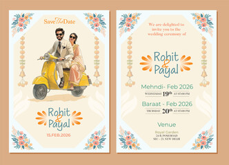 Fototapeta premium Modern Save the Date Wedding Invitation with Cute Couple Illustration