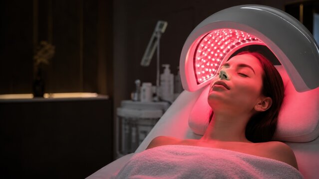 Woman receiving red light therapy treatment in modern skincare clinic for facial rejuvenation and healing