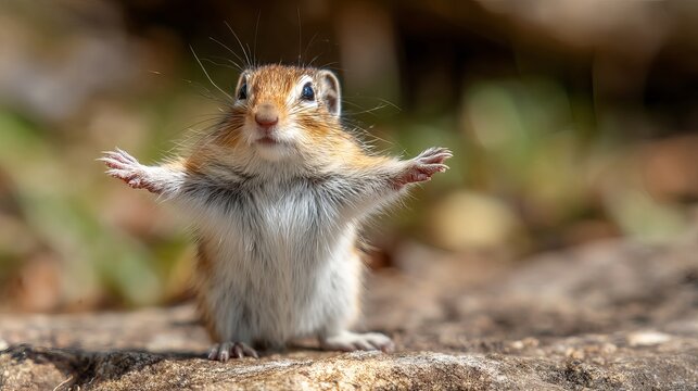 Alert chipmunk raises paws inquisitively, exploring forest floor, capturing nature's charm, demonstrating wild animal curiosity