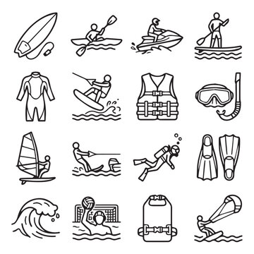 Water sports and adventure icons with activities like surfing kayaking jet skiing and diving