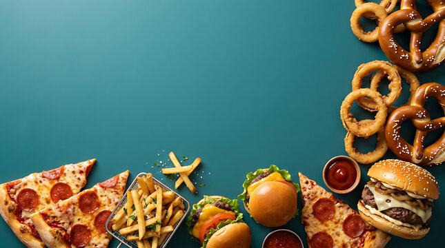 Assortment of fast food including pizza, burgers, fries, onion rings, and pretzels on a teal background