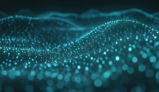 A sophisticated abstract technology background where thousands of tiny luminous data points travel as organized currents through a deep dimensional space, forming shifting streams 
