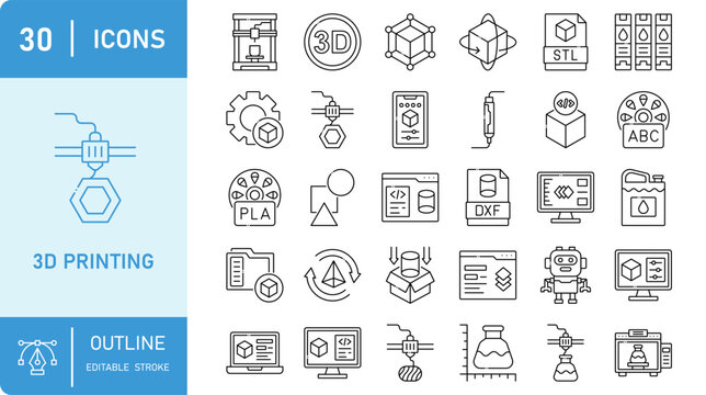 3D printing and modeling line icon set. Containing 3D printer, filament, software, geometry, prototyping, and more. editable stroke. Vector illustration