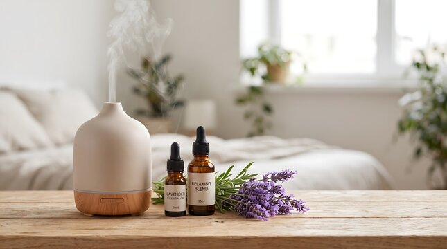 Modern ceramic aroma diffuser releases cool mist beside two amber glass essential oil bottles and fresh purple lavender flower sprigs
