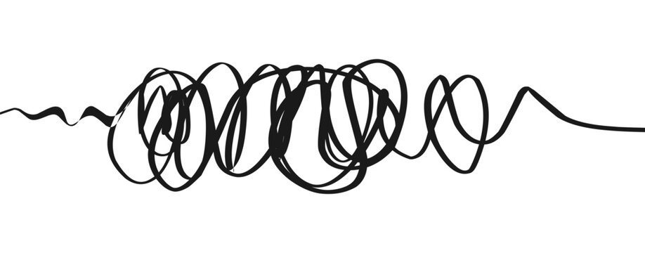 Abstract black messy scribbled continuous line vector illustration representing confusion, complex thinking, tangled thoughts, chaos, and mental stress isolated on a white background.