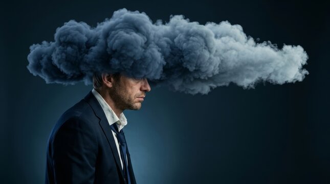 Profile view of a man in a suit with a storm cloud hovering over his head, symbolizing stress.