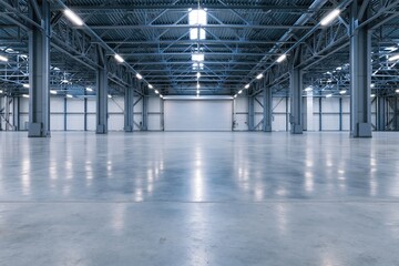 Obraz premium The expansive empty warehouse interior with high steel framework and polished concrete floor