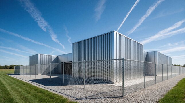 Modern data center building with silver metal facade under blue sky. Secure server facility sits behind chain link fence in open field. Tech infrastructure for cloud computing, big data storage