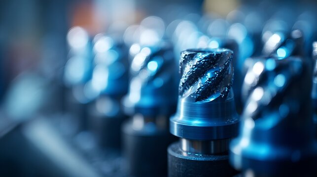 Metal cutting tools aligned in a row display sharp edges, representing industrial precision and manufacturing processes