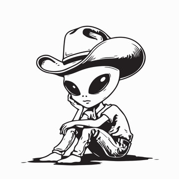 Alien Wearing Cowboy Hat Relaxing on the Floor Vector Illustration