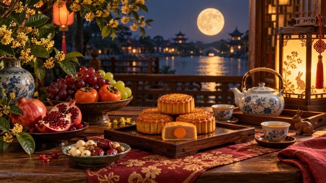 Mid Autumn Festival table with mooncakes fruit tea and full moon
