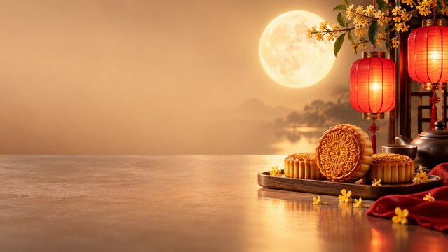 Mid Autumn Festival mooncakes red lanterns and full moon background
