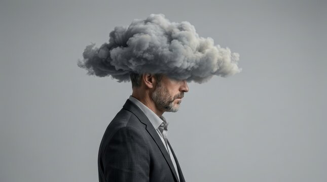 Side view of a businessman in suit with a cloud hovering above, symbolizing stress.