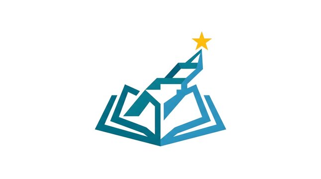  Conceptual vector logo design representing a pathway of stairs emerging from an open book leading up to a bright shining star