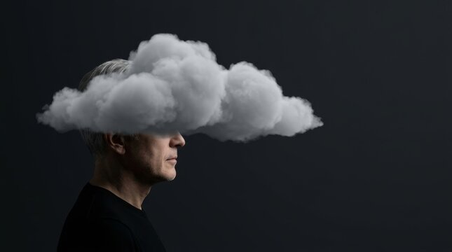 Side profile of a man with a cloud covering his face, suggesting deep thought or imagination.
