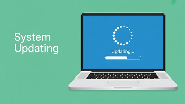 Laptop screen showing System Updating with a progress bar and loading icon, indicating software update process