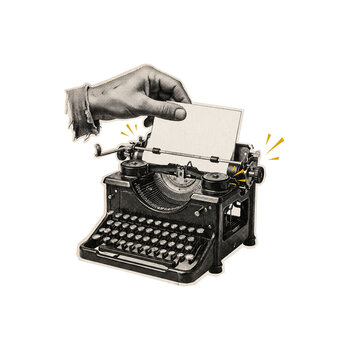 Vintage Halftone Collage of Hand with Antique Typewriter