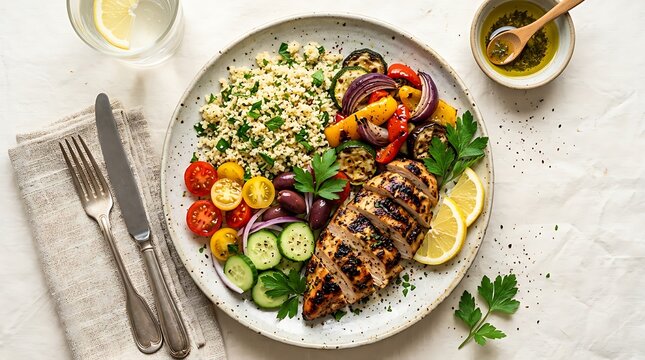Healthy grilled chicken breast with mediterranean salad and couscous