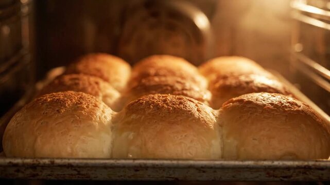 Fresh bread buns baking in the oven