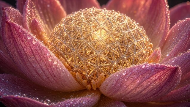 Fiore di loto mistico con nucleo geometrico sacro dorato e gocce di rugiada