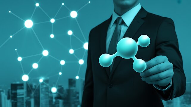 A businessman in a suit holding a molecule model with a network of glowing connections in the background