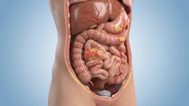3D rendering of human digestive system with visible organs like stomach, intestines, and liver, showing internal anatomy.
