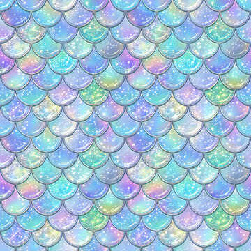 Seamless mermaid scale pattern with holographic glitter and iridescent colors.