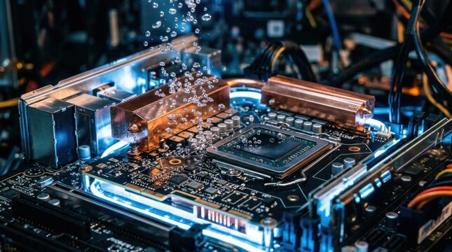 Water droplets splashing onto a computer motherboard and processor