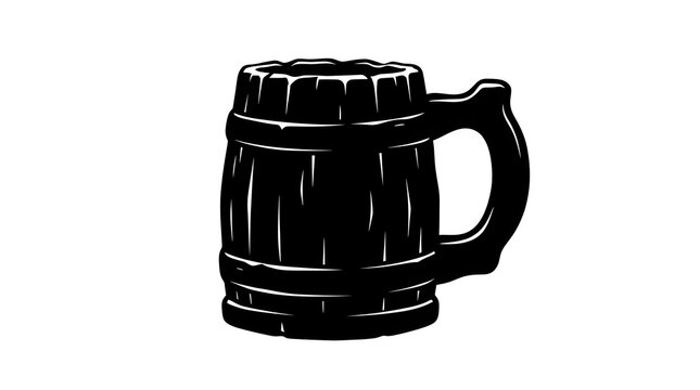 Detailed black vector silhouette of a rustic wooden tankard or beer mug. Great for medieval, pirate, tavern, or Oktoberfest design projects.