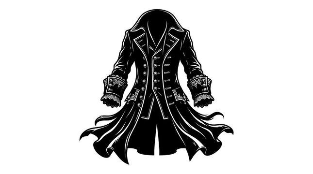 Detailed black vector silhouette of an ornate vintage coat, pirate jacket, or gothic trench coat. Ideal for fantasy, historical, or cosplay concepts