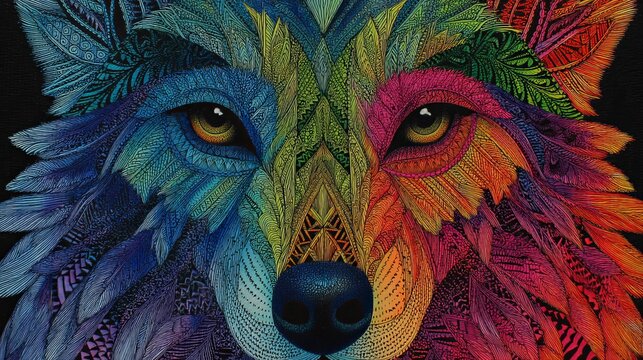 Bold wolf portrait displays vibrant spectrum hues, creating a mystical concept for fantasy art and wild animal designs