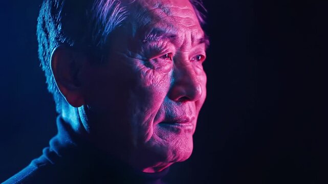 Senior man with digital glitch effect in neon lighting